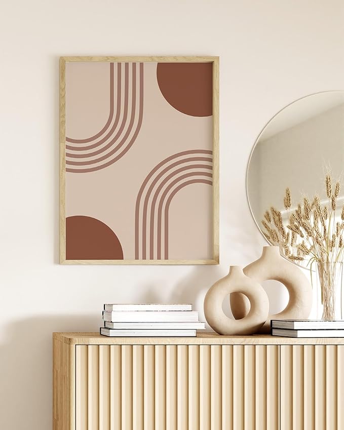 Zen Stacked Stones Wall Art Minimalist Organic Circles Earth Tones Terracotta Mid Century Modern 12x16 Inch Oak Wood Beige Framed Meditation Yoga Room Decor Print