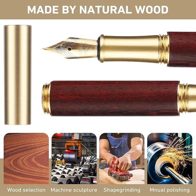 Andibro Vintage Wooden Mini Fountain Pen, Short Pocket Travel Fountain Pen Fine Nip Pen Fancy Pens Smooth Writing with 15 Pcs 2.6mm Black Ink Cartridges for Journaling Office School Supplies(B)