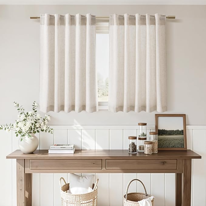 Nanspring Beige Linen Curtains for Kitchen Windows Over Sink Farmhouse Short Semi Sheer Curtains Back Tab and Rod Pocket Rustic Curtain Cortinas para Cocina for Cafe Bathroom,2 Panels 36 x 36