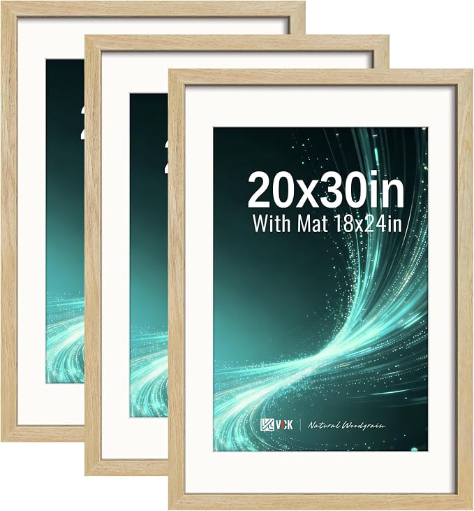VCK 20x30 Picture Frames Natural - 3 Pack, Wide Border Solid Wood, Display 18x24 Photo with Mat or 20 x 30 Without, for Home, Office, Gallery, Woodgrain Series, Wall Hanging