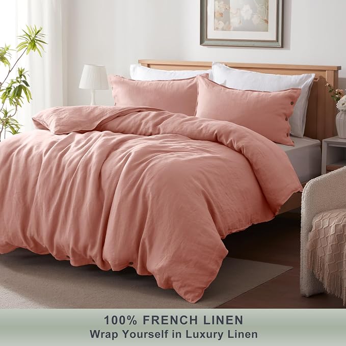 TOSMO 100% Linen Twin Duvet Cover Set, Luxury French Flax Natural Linen Duvet Cover with Button Closure & Corner Ties, Cooling Breathable Comforter Cover 2 Piece (Rose Pink)