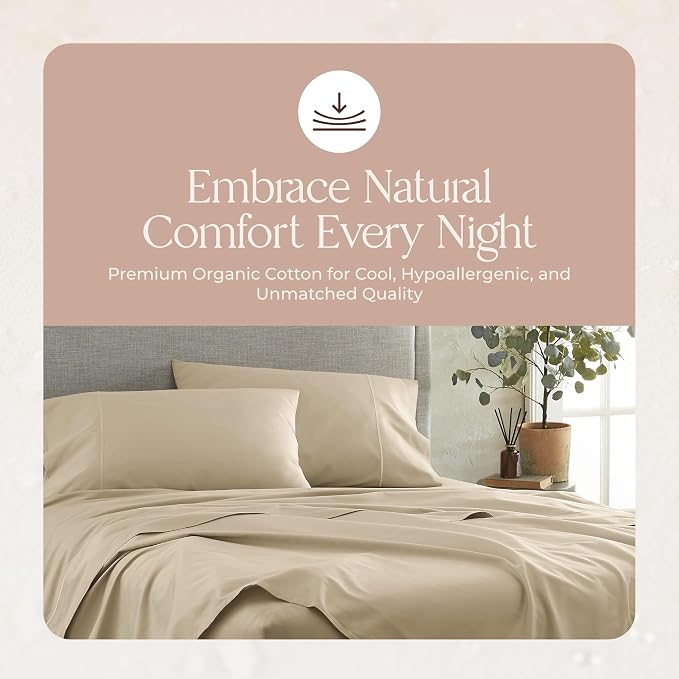 Certified Organic Queen Flat Sheet Only - 100% Organic Cotton Top Sheet with Luxurious Soft and Breathable 300 Thread Count Sateen Weave Finish - GOTS & Fairtrade Certified (Dune, Queen)