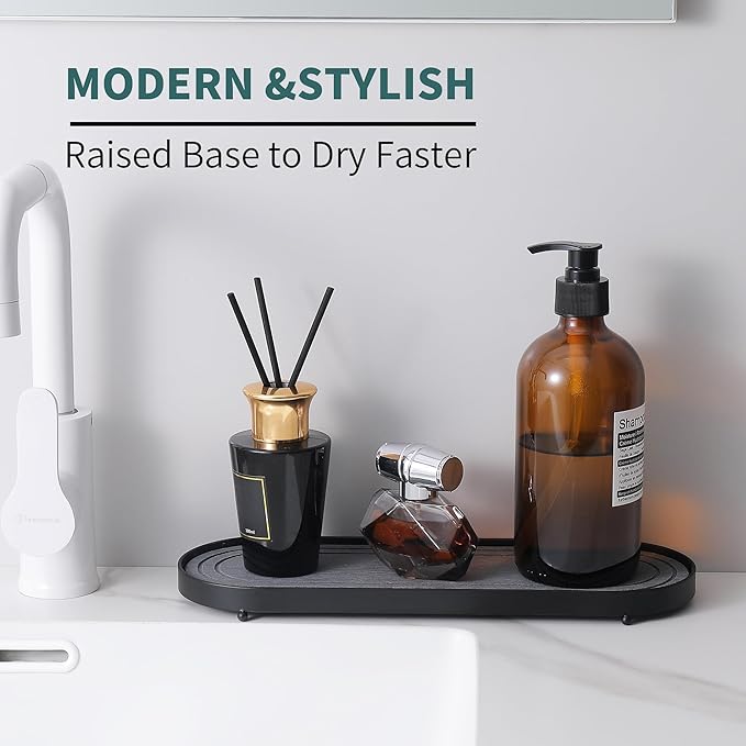 Water Absorbing Stone Tray, Fast Drying Diatomite Stone Kitchen Sink Tray Coasters, Bathroom Tray,Sink Organizer,Bathroom Counter Tray,Tray Hand Soap Dish & Holders (Black)