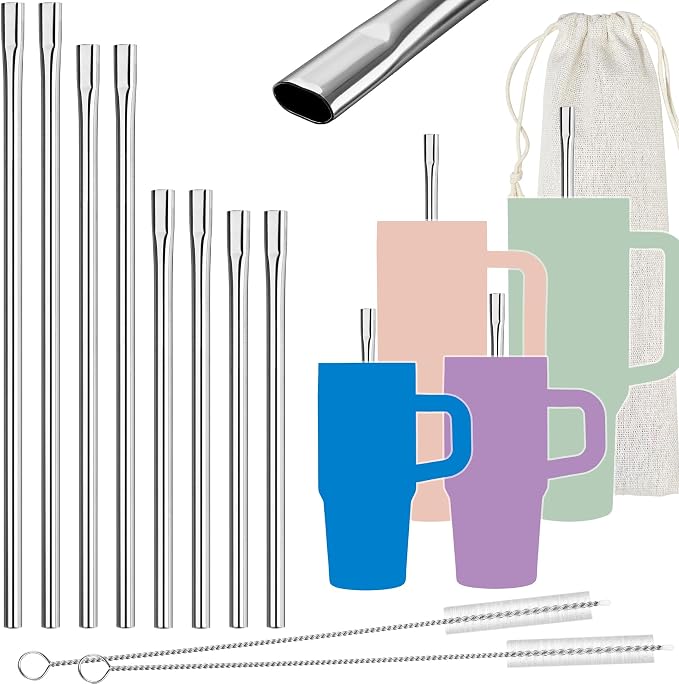NiHome 8-Pack Anti-Wrinkle Flat Tip Stainless Steel Straws Fit for Stanley Cups, with 2 Brushes & Portable Storage Bag, 4 Lengths for 14oz 20oz 30oz 40oz Tumblers, Dishwasher Safe Reusable Straws