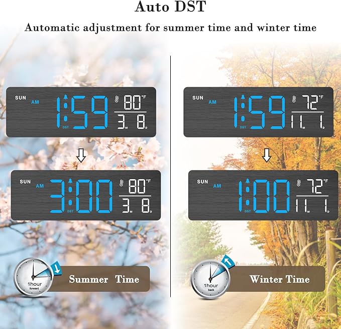 DreamSky Wooden Digital Alarm Clocks for Bedrooms – Large Display Desk Clock with Date & Day of Week for Living Room, Temperature, Dimmer, Adjustable Volume, Auto DST, Office Wood Décor (Plug-in)