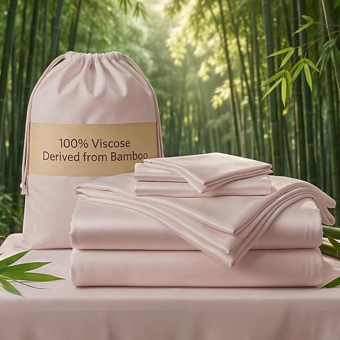 Real 100% Viscose Derived from Bamboo Sheets Set Queen Size, Cooling & Silky Soft for Hot Sleeper, Luxury with Breathable & Moisture Wicking Fabric, 18" Deep Pocket with Corner Straps (Sand, Queen)