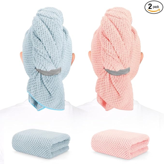 2 Pack Microfiber Hair Towel - 41 x 24 inches Super Soft, Absorbent, Fast Drying Without Frizz Hair Towel Wrap for Women Long, Thick, Curly Hair - Hair Turbans with Elastic Strap