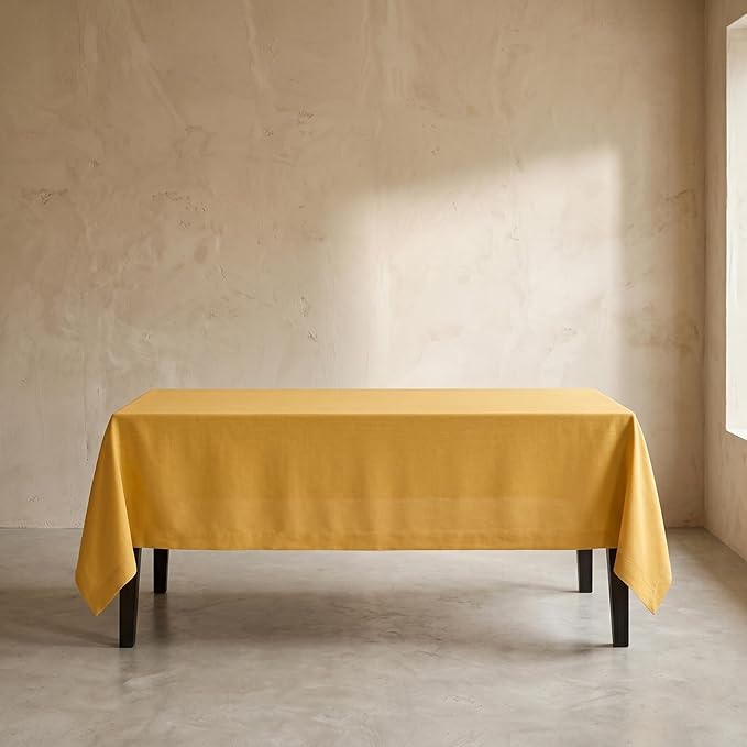 Solino Home Linen Tablecloth for Rectangle Tables 60 x 144 Inch - 100% Pure Linen Mustard Yellow Table Cloth - Fete, Machine Washable Cloth Tablecloth for Summer