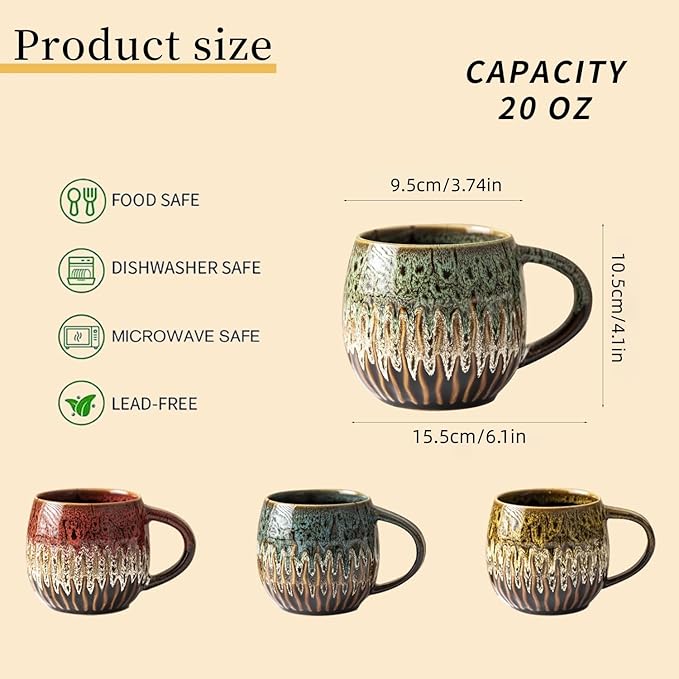20oz Large Coffee Mug - Unique Handcrafted Look Ceramic Cup, Large Tea Mug, Microwave & Dishwasher Safe (green,Set of 4)