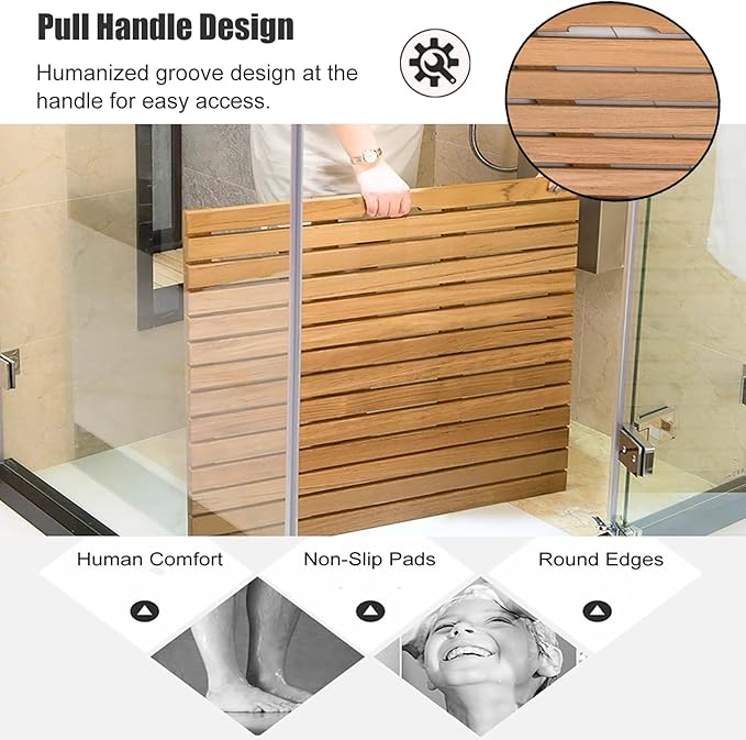 Solid Wood Shower Floor Mat - Available in 21”, 24”, 27”, 30”, 33”, 36” Sizes | Deluxe Non-Slip Bamboo Bath Mat with Center Drain Hole for Shower, Sauna, Spa, Yard(33x33in(83.3x83.3cm))