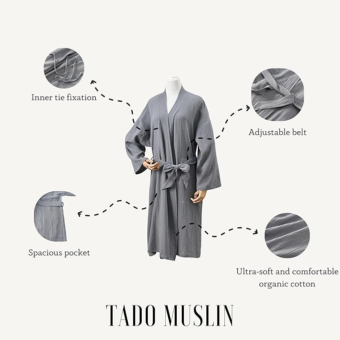 Women's Organic Cotton Bathrobe Long Sleeve Nightgowns Lightweight Waist-Tie Bath Robe for Home Spa Muslin Cotton Beach Wear
