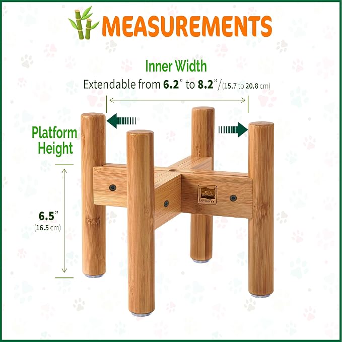 Dog Bowl Stand for Small-to-Medium Dogs - Adjustable, Easy Fold-Down, Comes with Foot Pads and Assembly Tool - Bamboo