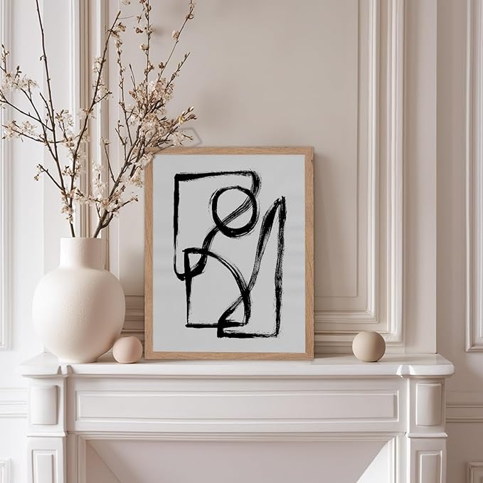 Monem Art Black and White Abstract Line Art Print - Minimalist Monochrome Brushstroke Art Poster - Wall Decor for Living Room, Bedroom or Office - 12x16 Beige Framed Wall Art by Mareike Bohmer