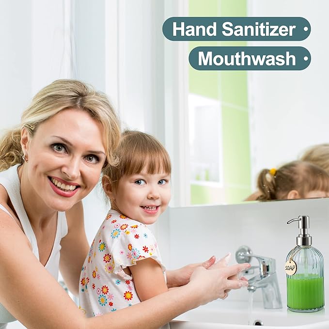 MOCLIF 16OZ Fashion Stripe Clear Glass Refillable Soap Dispenser with 304 Stainless Steel Pump Premium Soap Dispenser， for Kitchen, Bathroom, Hand Sanitizer, Liquid Soap, Lotion, etc. (Clear Blue)