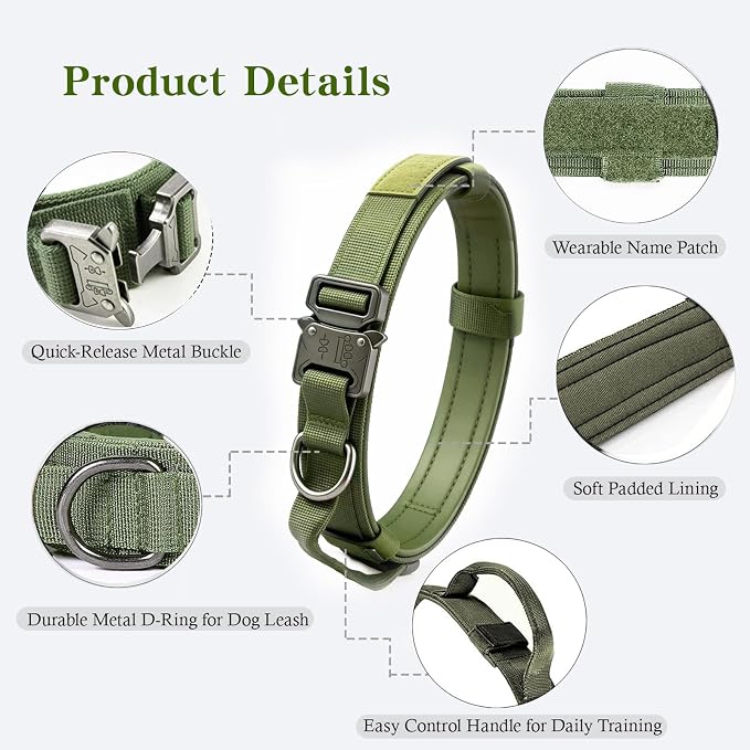 Tactical Dog Collar Adjustable Military Nylon Dog Collar with Control Handle and Heavy Duty Metal Buckle for Medium and Large Dogs (Green,XL)