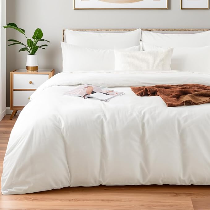 NEXHOME PRO Duvet Cover Set 100% Washed Cotton Full Size Linen Feel Textured Organic Natural 3 Pieces Bedding Set with Zipper Closure and Corner Ties, Breathable and Soft (White, No Comforter)