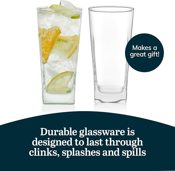 Libbey City Tumbler Glasses Set, 14.3 Oz Clear, Tall Drinking Glasses Set of 8, Thick, Square Glass Cups Set for Casual Dining and Daily Use | Crystal Clear Drinking Glasses, Thick Square Base, Everyday Glassware for Water, Juice & Iced Tea, Dishwasher...