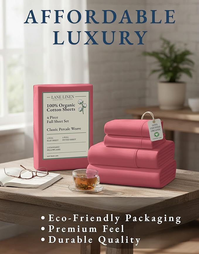 LANE LINEN 100% Organic Cotton Bed Sheets Full Size, Fully Elasticized Sustainably Produced Soft & Comfy, Machine Washable Naturally Cooling Full Sheet Deep Pocket Bedding - Mineral Red