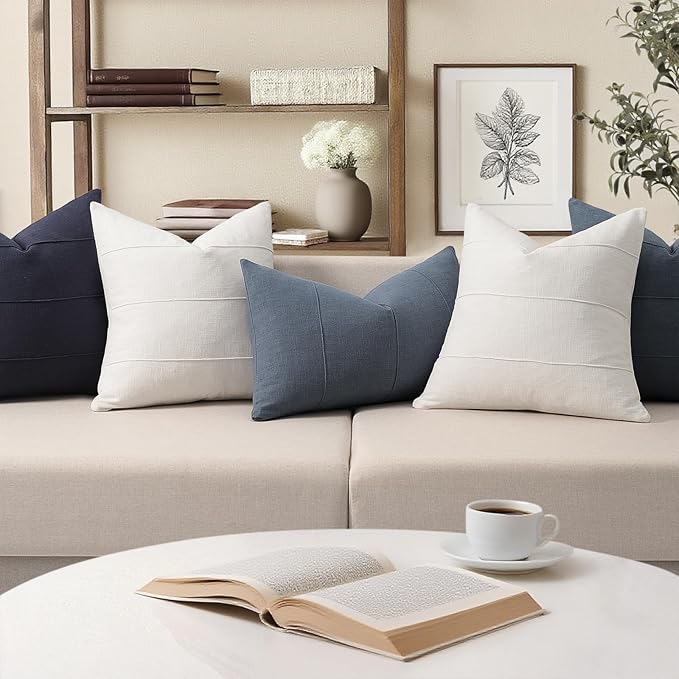 Decorative Linen Throw Pillow Covers 18x18 Set of 2 Solid handcrafted Striped Cushion Covers for Bed Soft Modern Farmhouse Neutral Pillowcase for Couch Bedroom Living Room Home Decor(Cream White)