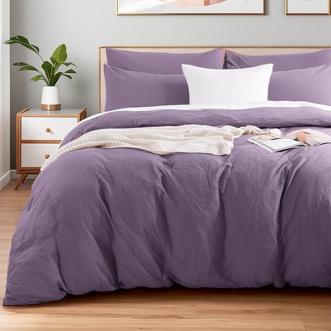NEXHOME PRO Full Duvet Cover Set, 100% Washed Cotton with Linen-Like Texture, Natural Organic, Breathable & Comfortable, Includes Home Bedding Set Dusty Purple (No Comforter) 8090