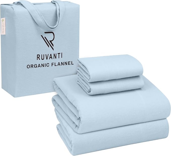 RUVANTI Flannel Sheets Full Size - GOTS Certified 100% Organic Cotton, 4 Piece Warm, Soft & Breathable Set, Deep Pocket Snug Fit, Double Brushed Cozy All Season Bedding, Baby Blue