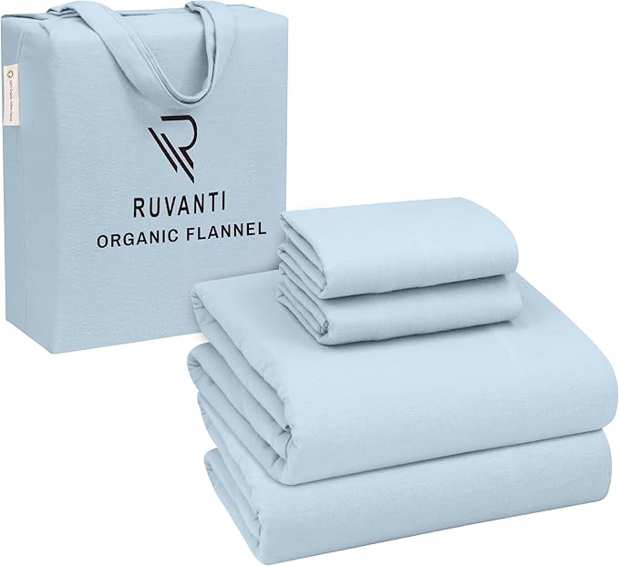 RUVANTI Flannel Sheets Queen Size - GOTS Certified 100% Organic Cotton, 4 Piece Warm, Soft & Breathable Set, Deep Pocket Snug Fit, Double Brushed Cozy All Season Bedding, Baby Blue