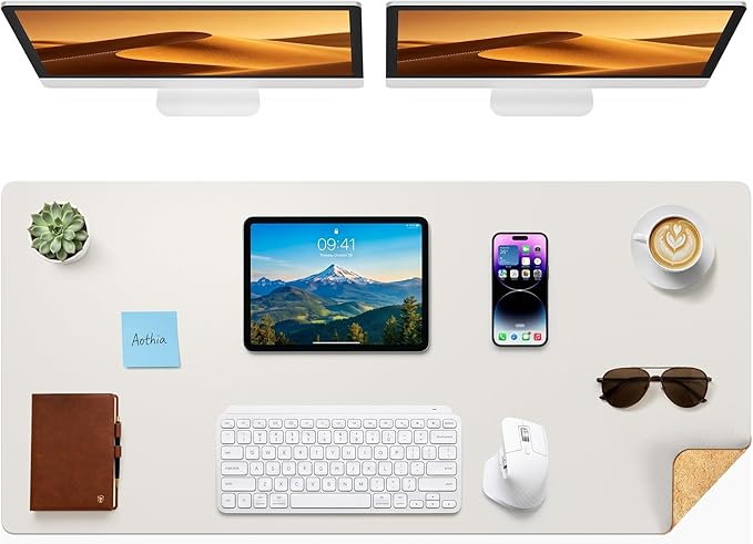 Aothia Cork Desk Mat - Dual-Sided Extra Large Desk Pad & Keyboard Mat, Long PU Leather Desk Protector, Waterproof Desktop Blotter (47" x 17", Off-White)