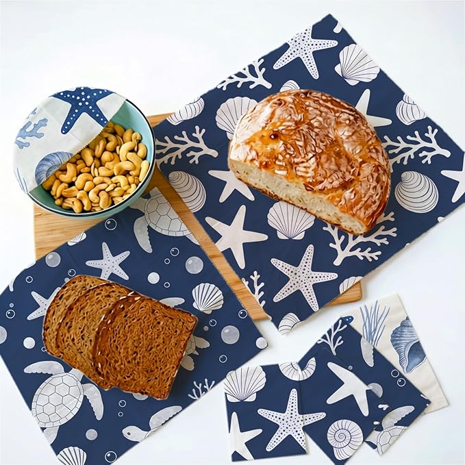 Reusable Beeswax Wraps, 9 Pack Eco-Friendly Food Storage, Organic, Sustainable, Zero Waste, Plastic-Free, Sandwich, Bowl, Fruit, 1XL, 3M, 5S, Navy Blue Turtle Starfish Coral Shell Pattern