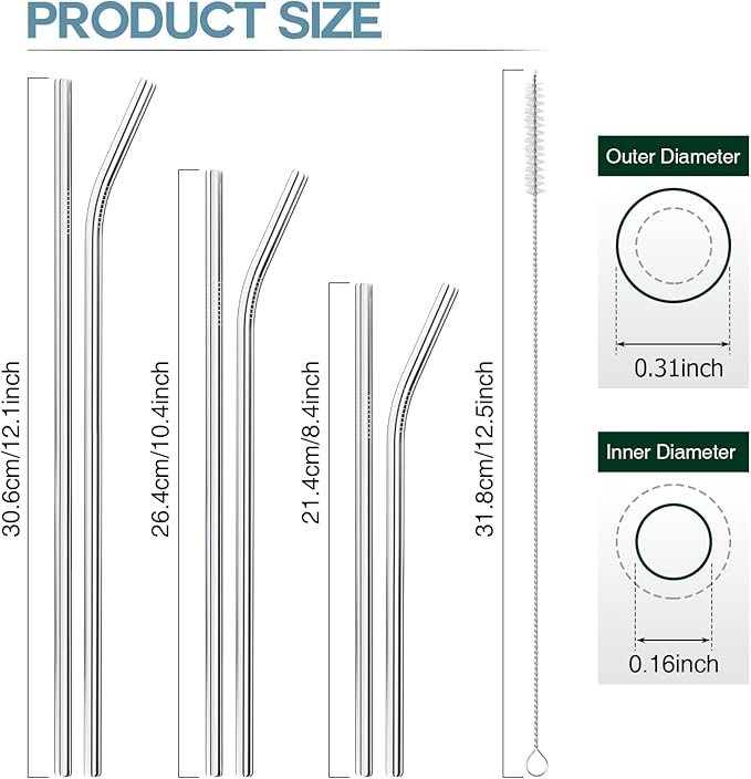 Dsmile 12 Pcs Reusable Stainless Steel Straws - 0.31'' wide 3 Size： 12.2''10.5''8.5''Long,Including 6 Straight and 6 Bent Clear Glass Straws with 2 Cleaning Brush for Smoothies, Coffee, Juice, Sodas