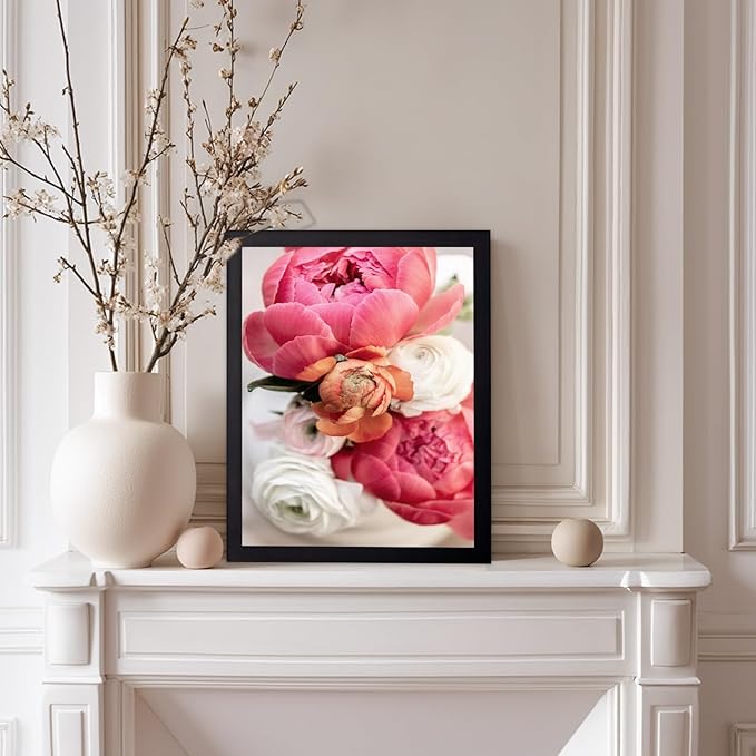 Monem Art Pink Peony Floral Macro Photography Print - Romantic Flower Art Poster - Wall Decor for Living Room, Bedroom or Office - 8x10 Black Framed Wall Art by Mareike Bohmer
