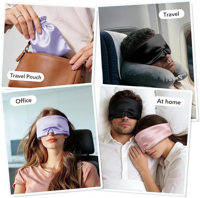LitBear Silk Sleep Mask for Side Sleeper, Travel, Airplane, Office, Purple | 22 Momme Pure Mulberry Silk for Wrinkle-Free Sleep, Total Blackout, Tangle-Free Adjustable Strap, Includes Portable Bag