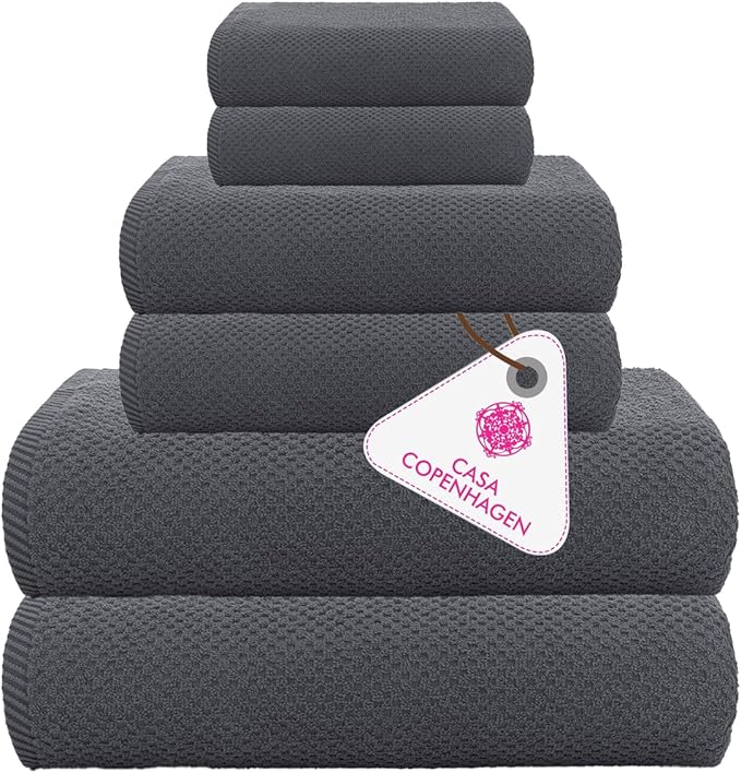 CASA COPENHAGEN Popcorn 6Pcs 100% Egyptian Cotton Designer Towels Gift Set -Pine Grey, 600GSM, 2Bath 2Hand 2Washcloths, Bath Towels for Shower(Box Pack,Gift Ribbon, Set for Women & Men)