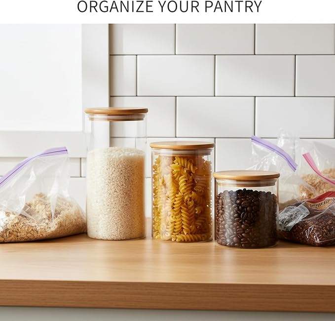 Borosilicate Glass Storage Jars with Bamboo Lids, Clear Kitchen Canisters for Pantry Organization of Dry Goods, Coffee, Tea, and Grains