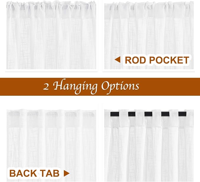 NICETOWN White Faux Linen 48 inch Curtains for Cafe, Rod Pocket & Back Tab Linen Weave Window Treatments Privacy with Light Filtering Semi Sheer Curtains for Kitchen, W42 x L48, 2 Panels