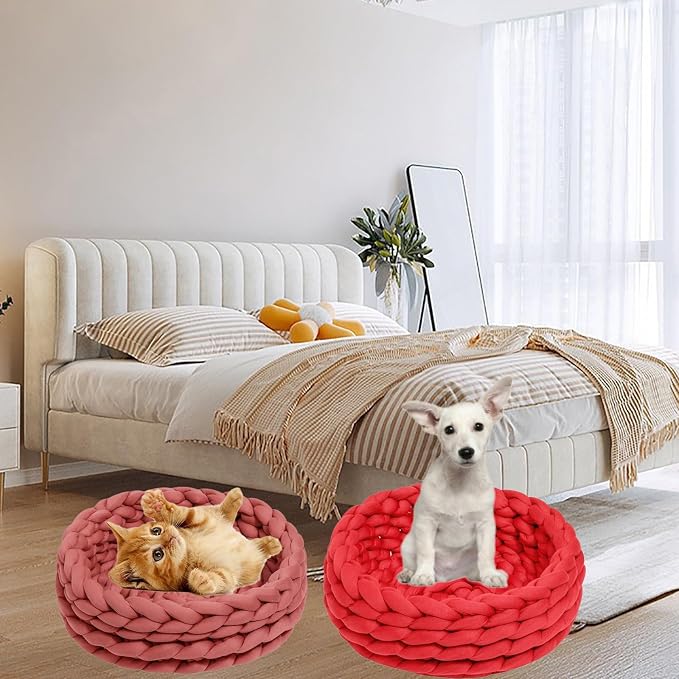 Woven Dog Bed Basket, Knitted Cotton Cat Bed Round Washable Woven Cat Pet Bed Chunky Dog Basket, Orthopedic, Chunky Knit Dog Nest,Dog Bed,Dog Cave,Dog Bedding(Pink,19")