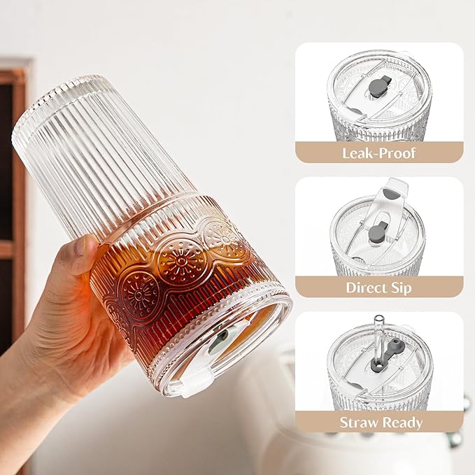 INSETLAN 20oz Ribbed & Floral Glass Tumblers with Lids and Straws, Set of 2 – Clear Iced Coffee Cups, Reusable Drinking Glasses for Water, Smoothies, Tea, and Juice – Perfect for Travel & Daily Use