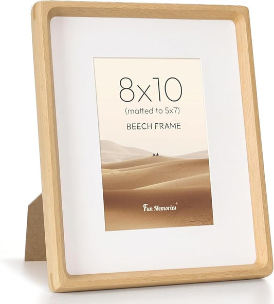Fun Memories 8x10 Picture Frame, USA-Sourced Beech Wood Photo Frames with HD Tempered Glass, Handcrafted Rounded Corner 8 x 10 Wooden Frames Matted to 5x7 Photos, 8x10 Frame, Tabletop or Wall Display