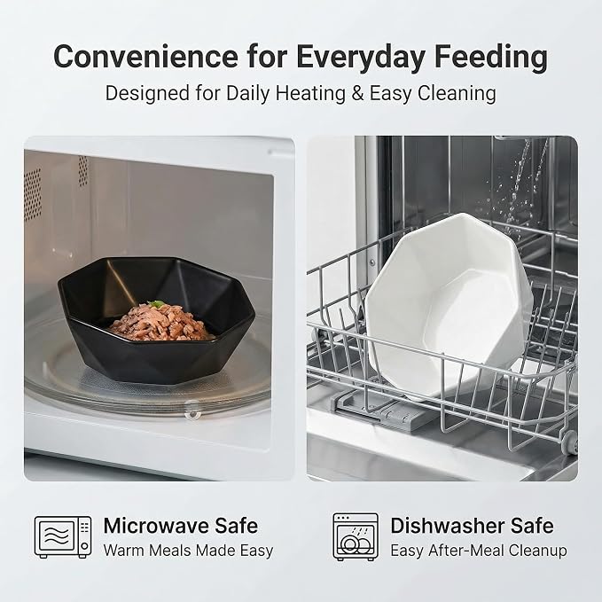 Ceramic Tilted Raised Cat Bowl - Elevated Food Bowl for Indoor Cats & Small Dogs - Shallow Wide Whisker-Friendly Design - Pet Dish Suitable for Feeding Dry, Wet, Treats & Canned Food - White
