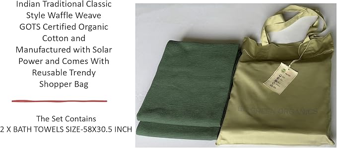 Waffle Bath Towel Pack of 2, 30.5x58 INCHES, 100% Organic Cotton, GOTS Certified (Forest Green) Super ABSORBANT & Quick Dry, NO SOFTENERS, Environment Friendly