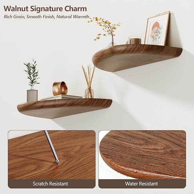 Solid Walnut Floating Shelves for Wall 15.7 Inch Set of 2, Live Edge Wall Mounted Shelf,Rustic Farmhouse Wooden Floating Shelf,Wood Wall Shelves for Bathroom Living Room,Bedroom,Kitchen