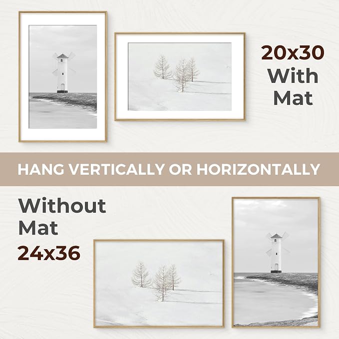 24x36 Picture Frame with Mat for 20x30, USA-Sourced Oak Wood Handcrafted Rounded Corner with HD Tempered Glass, 24 x 36 Gallery Wall Frames for Posters & Art Prints, Vertically or Horizontally