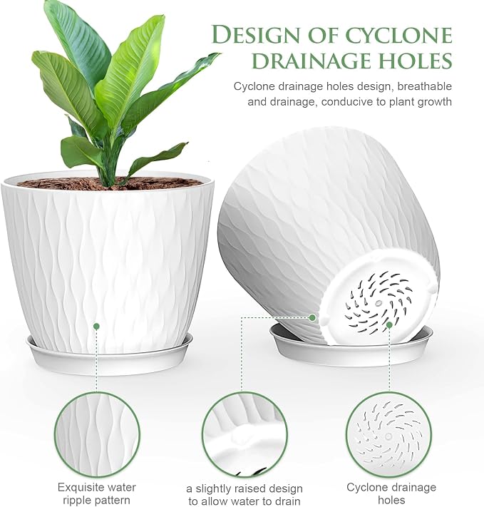 WSMKSZ 6 inch Flower Pots, 5 Pack Plant Pots with Drainage Holes and Saucers for Indoor Plants, Plastic Planters with Water Ripple for Small Garden House Plants, Nursery Pots for Succulent, White