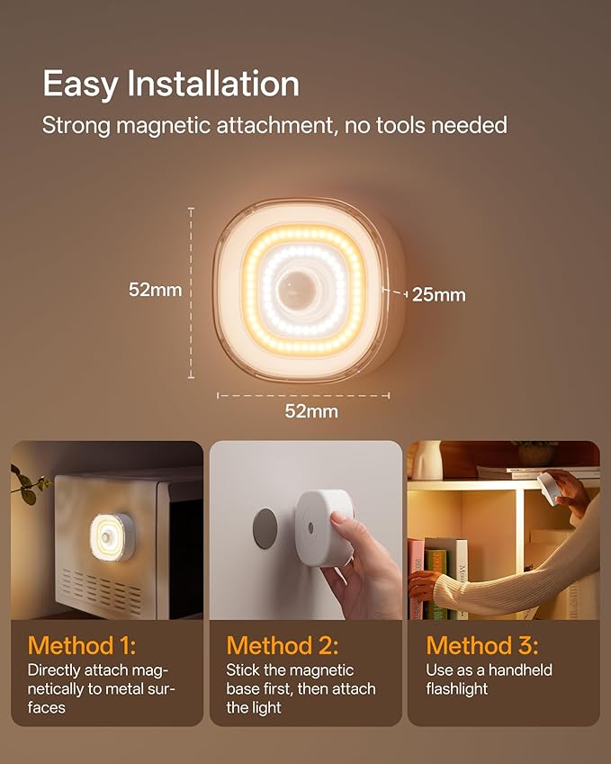 Homelist Digital Mini COB Puck Lights, 6 Pack Rechargeable Motion Sensor Lights Indoor 700mAh 100LM Sensor Night Lights, Dimmable Closet Light for Cabinet, Counter, Stairs, Hallway, Bedside