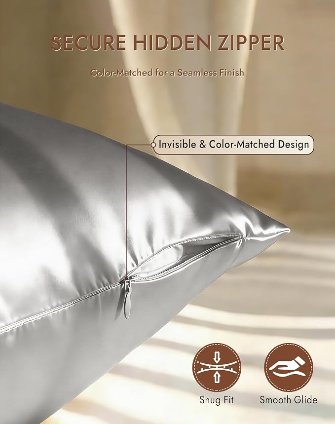 SilkSilky 100% Mulberry Silk Pillowcase - Pure 22 Momme High-Grade 6A Fibers for Hair & Skin, Hidden Zipper, Natural, Organic, Breathable & Cooling Pillow Case (Queen 20''x30'', Silver)