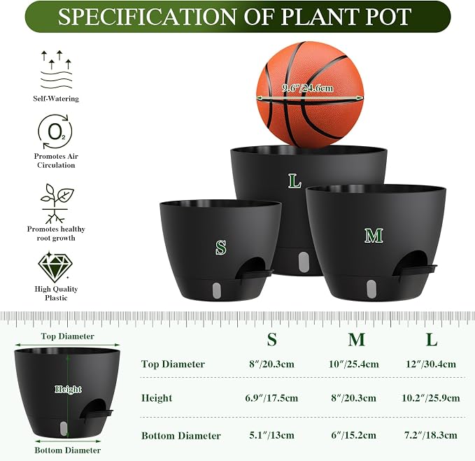 Self Watering Pots with Drainage Holes, 3 Pack 12/10/8 Inch Plant Pots with Water Level Indicator Deep Reservoir, Large Plastic Planter for Indoor Outdoor Plants - Black