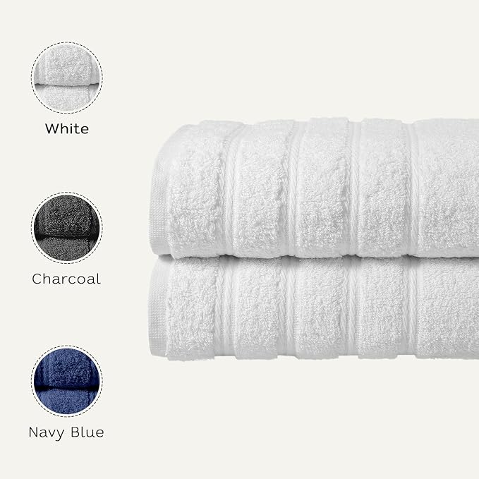 Briarwood Home Medley Bath Towels 2-Pack 27"x54", Soft, Quick-Dry, Super Absorbent, 100% Organic Cotton, Dobby Ribbed Border, Lightweight, Lint-Free, Fade-Resistant Bath, Gym, Spa - White