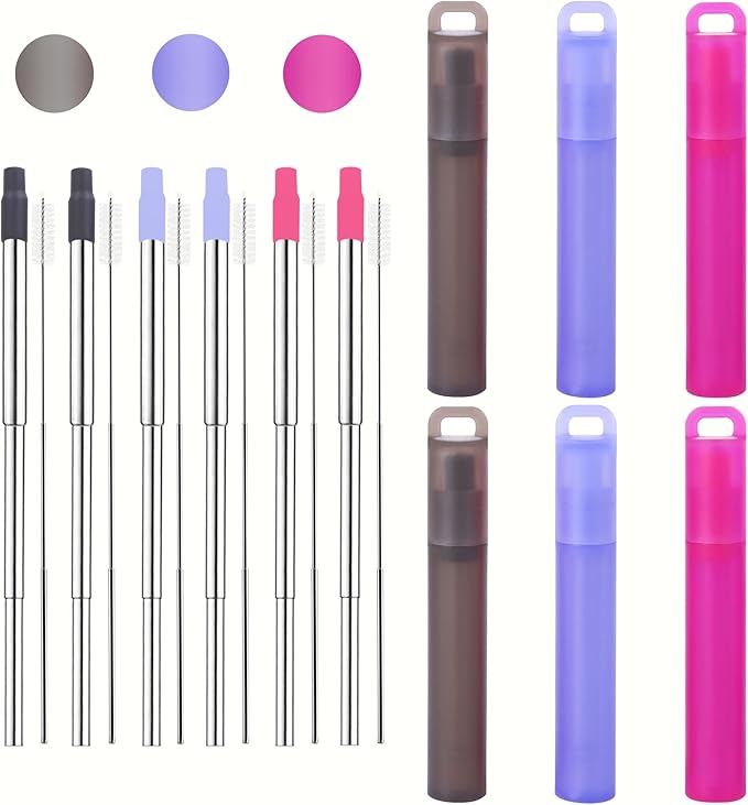 NAIVELY-Metal Reusable Straws, 6 Pack Collapsible Portable Stainless Steel Straws, with Plastic Housing Silicone Tips and Cleaning Brush, Retractable Portable Pocket Drinking Straws
