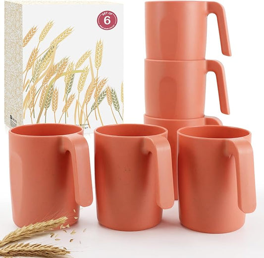 Wrova 16oz Wheat Straw Cups with handles set of 6-Plastic Cups Reusable-Unbreakable Kids Mugs-Dishwasher Safe & Microwave Safe-Ideal Plastic Mugs for Tea,Coffee,Camping,RV-Orange