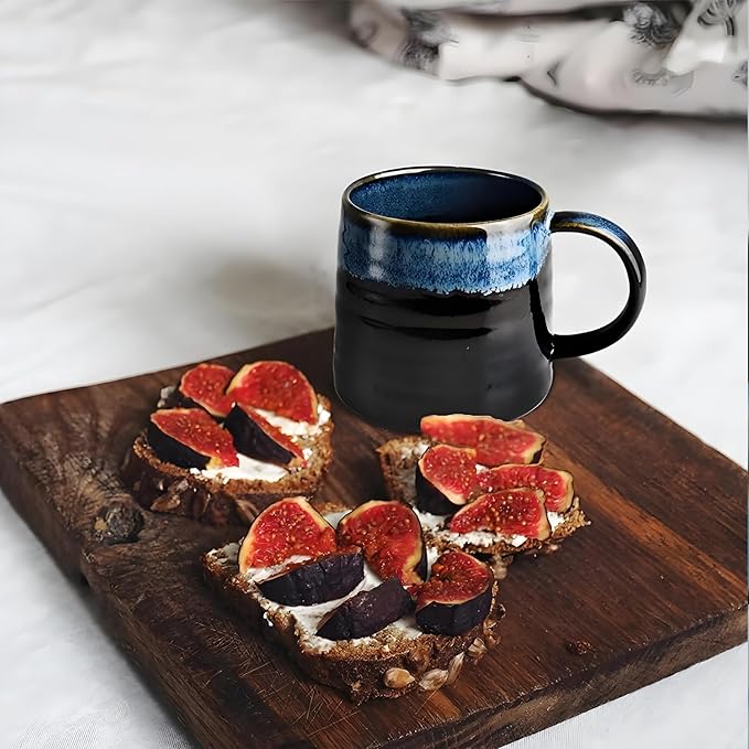 15.5 Oz Large Reactive Glaze Ceramic Mug, Heavy Weighted Stoneware Coffee Cup, Wide Base, Thick Wall Big Tea Cup with Custom Package Box, Microwave & Dishwasher Safe (Blue-Black)
