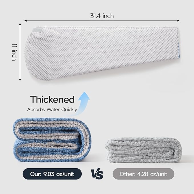 REDKISS Microfiber Hair Towel Wrap for Women, Double Sided Hair Towels with Elastic Strap, Super Absorbent Quick Dry Hair Drying Towel for Long, Thick, Curly Hair, Anti-Frizz Turban (Blue & Gray)